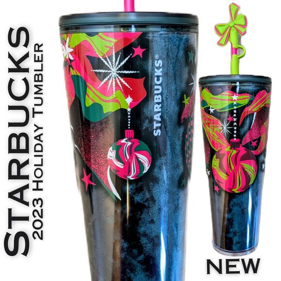 NEW Starbucks Holiday 2023 Venti Tumbler 24 oz with Silicone Bow Straw Topper - Picture 1 of 9